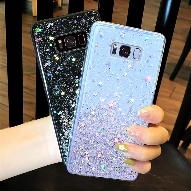 Блестящий чехол из серебристой фольги со звездами для Samsung Galaxy S8 S9 PIus S10 Lite Note 8 9 10 A7