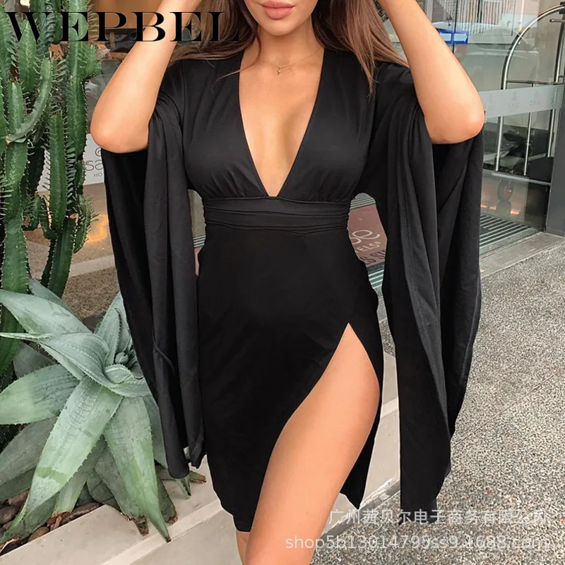 

WEPBEL Autumn V-neck Batwing Sleeve Slim High Waist Dress Women's Sexy Solid Color Split Dress