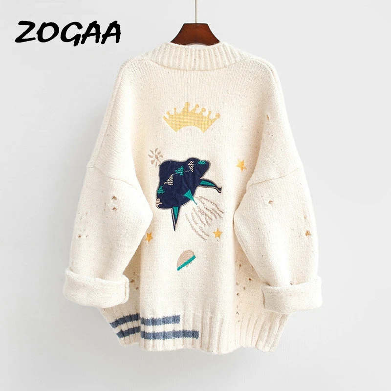 

ZOGAA 2019 Autumn Winter Women Sweater Cardigans Cartoon Embroidery Cardigans Poncho Single Breasted Knit Sweater Harajuku Top