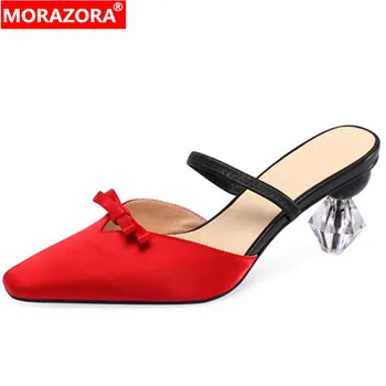 

MORAZORA 2020 top quality women sandals bowknot silk spring summer strange style high heel party wedding shoes ladies red