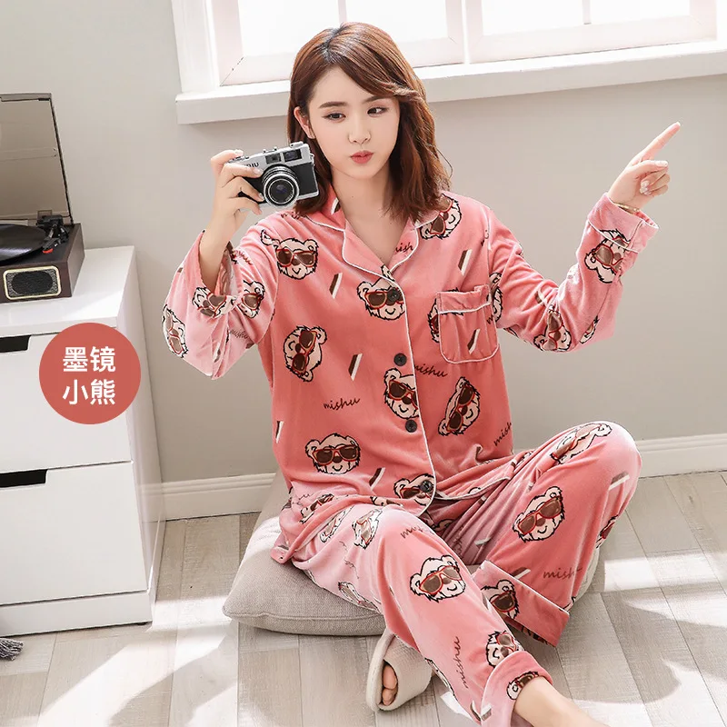Autumn and Winter Newest Gold Velvet Pajamas Women's Couples Long-sleeved Suit Men and Women Cardigan Casual Home Clothes - Цвет: 4