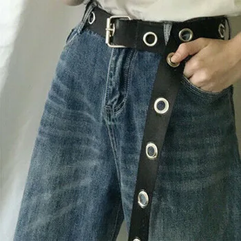 

Long Personality Harajuku Casual Ring Black Metal Belt Students Jean Canvas Waist Belts Tide Silver Pin Buckle