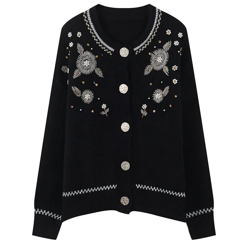 

Women Cardigan Loose Pearl Beading Flower Knitted Sweater Coat Striped Top Long Sleeve Button Lurex Outwear Autumn Winter