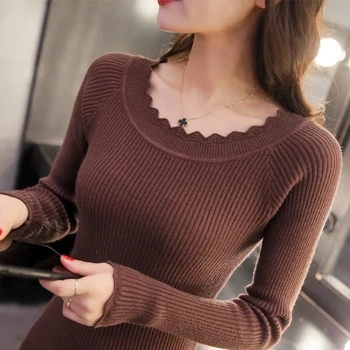 

morality short pure color round collar ladies blouse with long sleeves in the spring and autumn stretch sweater