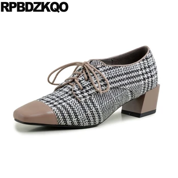 

size 33 pumps european designer shoes chunky plaid lace up genuine leather korean fashion square toe block medium heels ladies