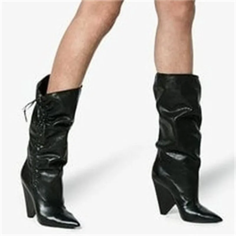 

US4-11 Womens Pointed Toe Mid Calf Boots Spike High Heels Lace Up Genuine Leather Black Chelsea Shoes Plus Size A1449