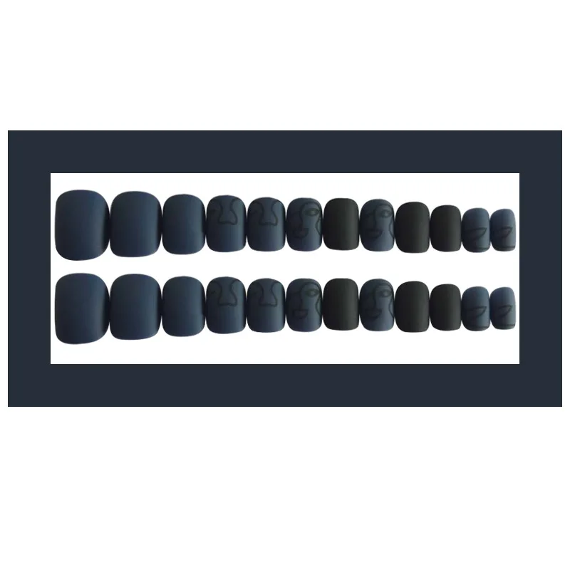 Nusx 24pcs Creative Face Line Pattern Wearable Full Press On Nails Cool Style Blue Short Round 3