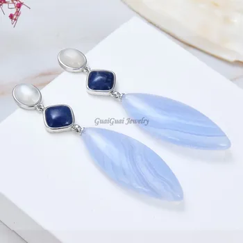 

GG Jewelry Natural Stone Natural Marquise Blue Chalcedony Sodalite Stud Earring classic for women lady fashion jewelry gift