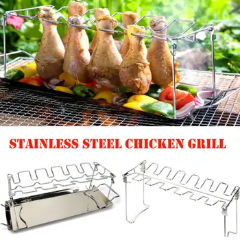 

14 Slots BBQ Holder Duck Chicken Leg Wing Grill Cooking Rack With Drip Pan Poultry Roaster Chicken Wing Rack