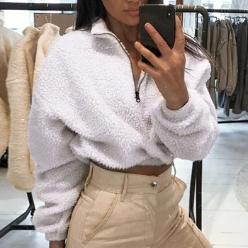 

Fashion Women Autumn Faux Lambswool Coat Long Sleeve Zipper High Neck Short Jackets Crop Tops Winter Female Solid Casual Outwear