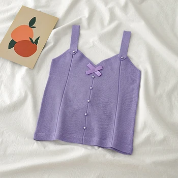 

HELIAR Women Summer Crop Tops Knitted Purple Tops Women Sleeveless Spaghetti Buttoned Up Sexy Slim Femme Camis 2020 Summer Tops