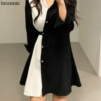 

Women Autumn Black White Patchwork Bandage Shirt Dress Ladies Sexy A-line Elegant Mini Dresses Long Sleeve Robe Femme