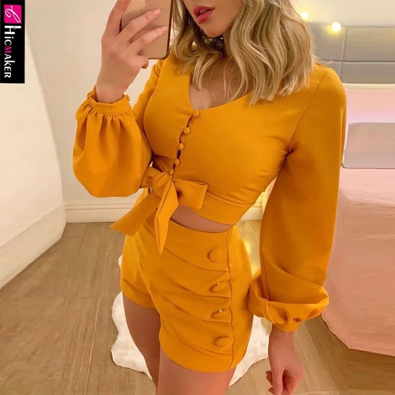 Women Two Piece Matching Sets Lantern Sleeve Buttoned Bow Top &amp High Waist Bodycon Short Chic Elegant Suit | Женская одежда