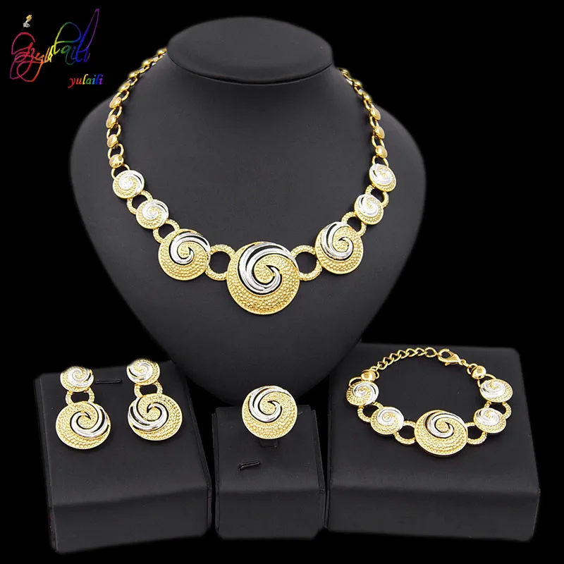 

Yulaili Latest Bridal Jewelry Sets Charm Two Tones Rhinestone Round Shape Necklace Earrings Bracelet Ring for Women Wholesale