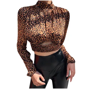 

Women Sexy Crop Top Sweatshirt Autumn Short Sexy Hollow Long Sleeve Elastic band Leopard Print Women Tops Shirt Sweatshirts