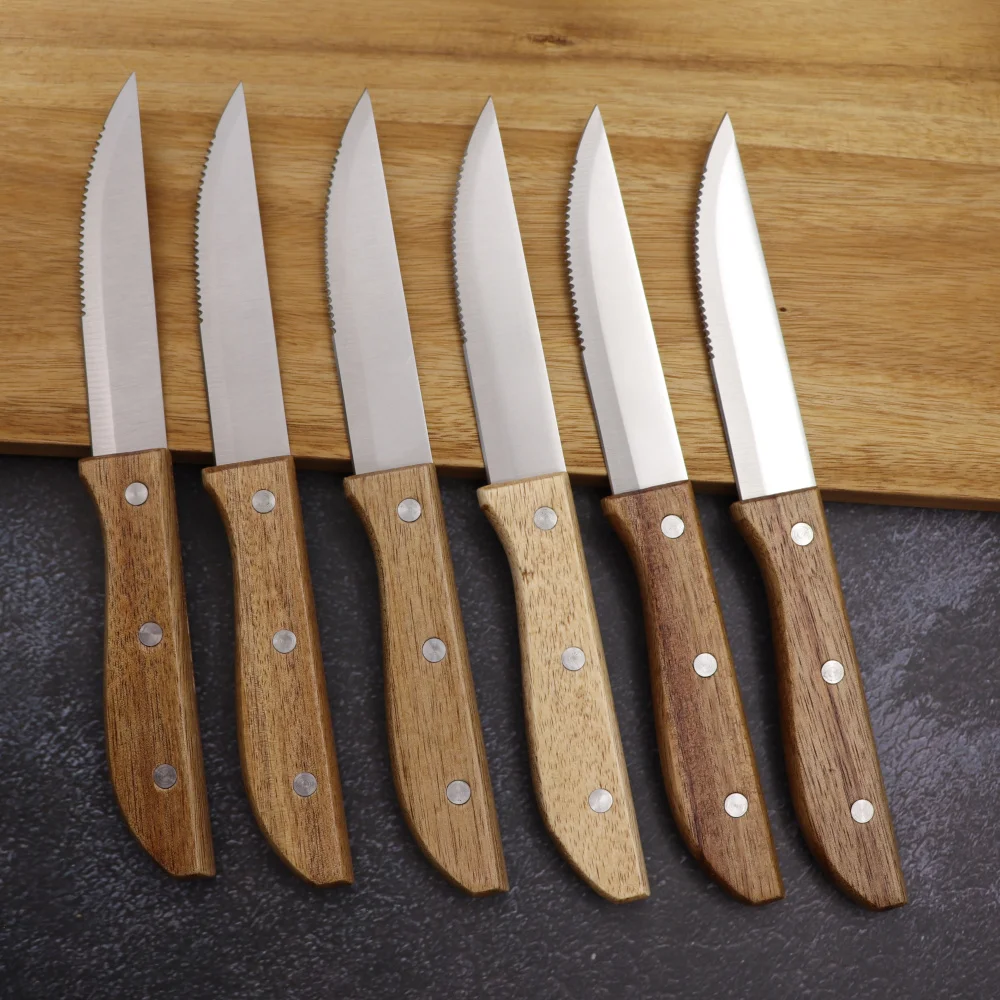 2-10pcs Wood Handle Steak Knife Set Dinner Knives Table Knife Serrated  Blade Restaurant Cutlery Japanese Wooden Dinnerware - AliExpress