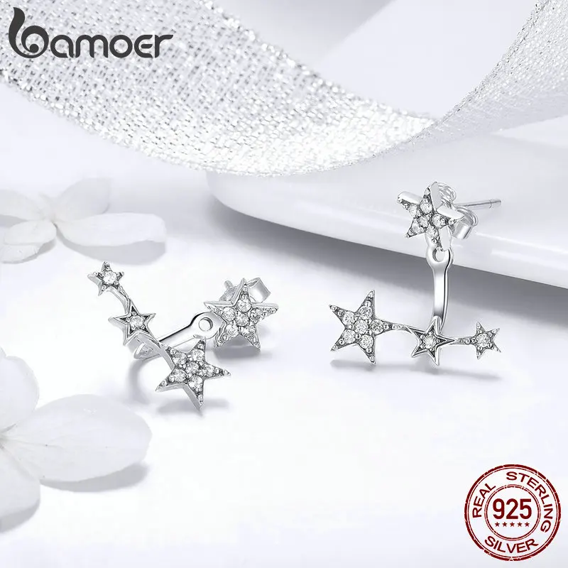 BAMOER 925 Sterling Silver Clear CZ Luminous Ear Jackets Earrings For Women Women Girl Gifts Jewelry SCE448