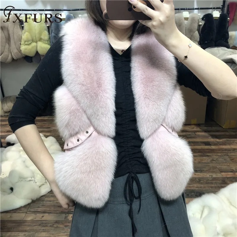 FXFURS жилет из натурального Лисьего меха женские модные меховые жилеты с заклепками без рукавов куртки короткое меховое голье кожаный зимний мех