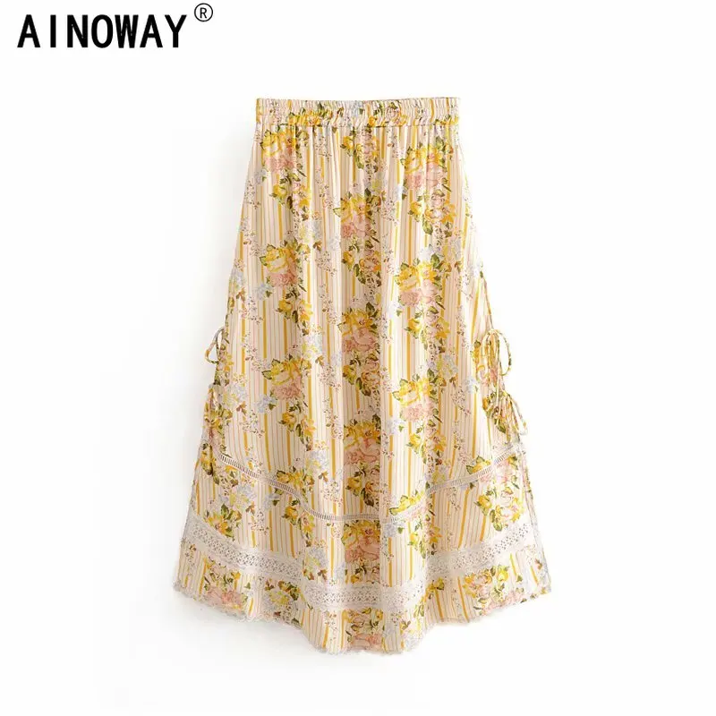 

Vintage chic Hippie women beach Bohemian lace patch floral print skirt High Elastic Waist A-Line Boho rayon Maxi Skirt Femme