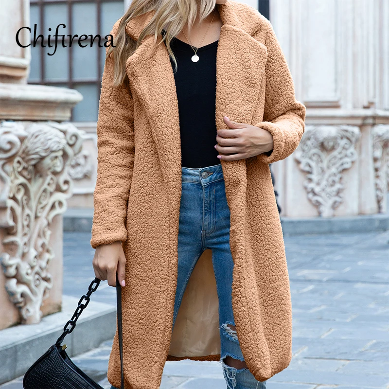 

Chifirena Winter Turn Down Collar Jacket Cashmere Loose Overcoat Long Sleeve Warm Coat Topcoat Parka Female Cardigan Outwear