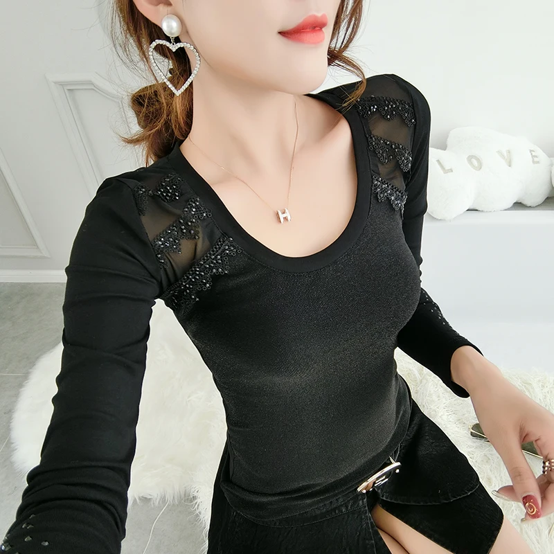 Black tshirt Весна Осень Сексуальная Лоскутная Сетка Блестящая футболка Корейская одежда для женщин бриллианты Топы ropa mujer джемпер футболки T9D613 - Цвет: Black tshirt