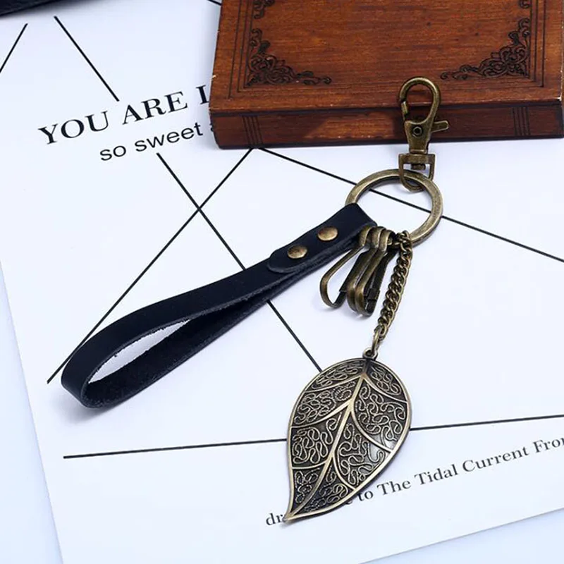 1 шт. латунная подвеска в виде листа для ключей кожаный брелок чехол держатель с