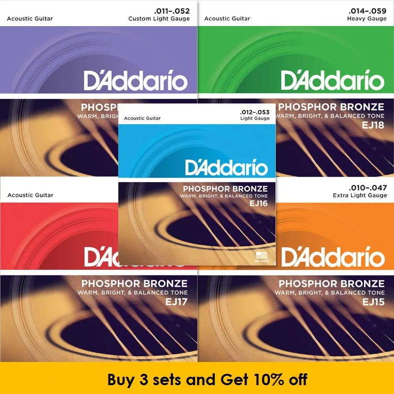 Акустические Струны для гитары D'addario фосфорная бронзовая обмотка EJ15 EJ16 EJ17