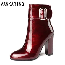 

classic design microfiber leather shoes woman ankle boots autumn winter riding boots thick high heels black red platform booties