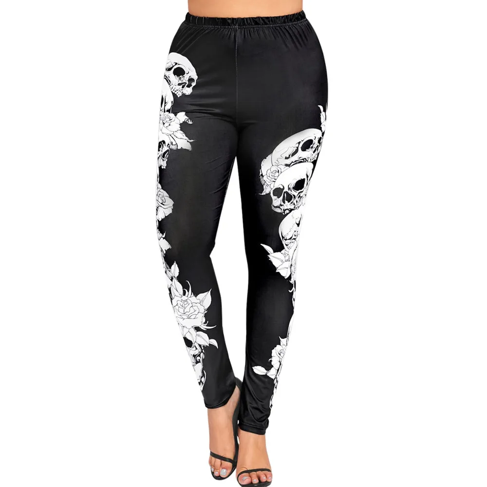 Fashion Women's Leggings High Waist Outdoor Sports Leggings Plus Size Monochrome Skull Leggings Winter Leggings Лосины#10