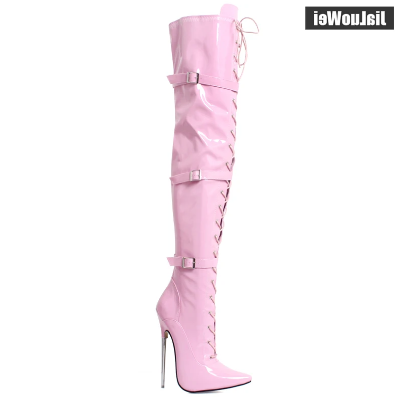 

jiauowei 18CM Super High Heel Black Patent Metal Spike Heel Sexy Fetish Buckle Strap Over-Knee Thigh High Boot Plus Size 36-46