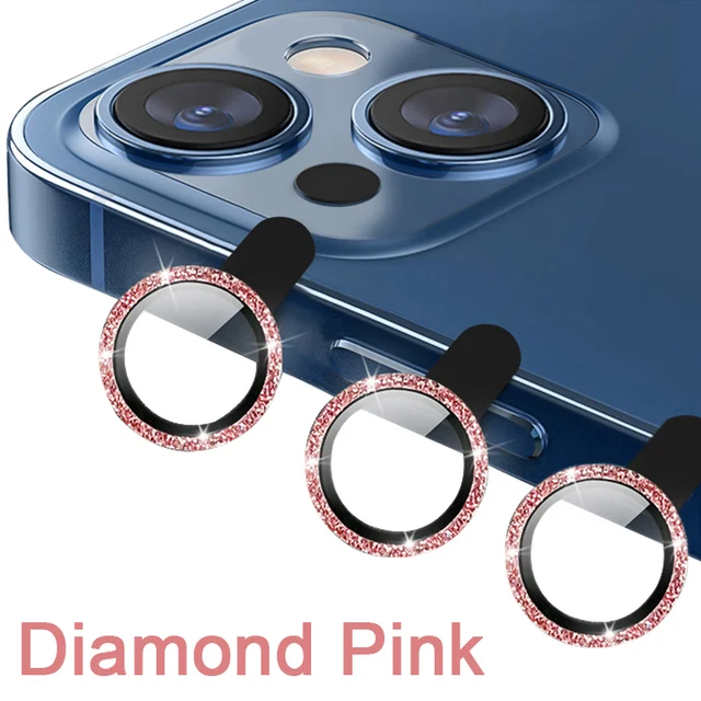 Diamond Glitter Camera Lens Protector On For iPhone 13 12 11 Pro Max Mini Metal Ring Lens Glass On iPhone 13 Pro Max Protective Diamond Pink