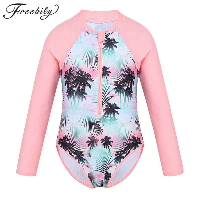 

Summer Swimming One-piece Kids Girls Swimsuit Rash Guard Long Sleeves Palm Printed Zippered Bathing Suit Swimwear Beach Wear