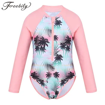 Girls Palm-Print Rashguard Swimsuit 1