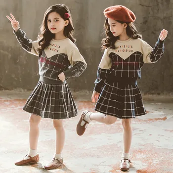 

Cute Children's Set For Girl Skirt Suits Elegant Spring Clothes Lattice Sweatshirt Tops Pullovers+Plaid Pleated Skirt Princess