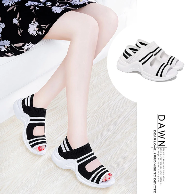 

New Arrival Women Sport Sandals Black White Striped Woven Sandals Ladies Wedge Sandals OpenToe Platform Sandals For Woman Size41