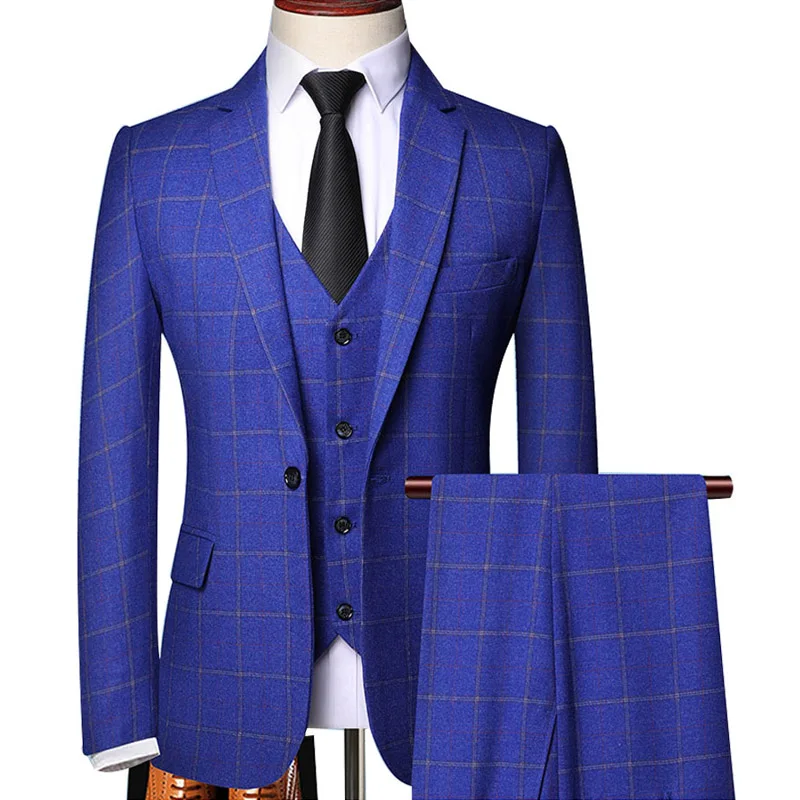 Plus Size 6XL Formal Business Costume Homme Plaids Suit Three Piece Slim Fit Mens Wedding Suit For Groom Tuxedo Man