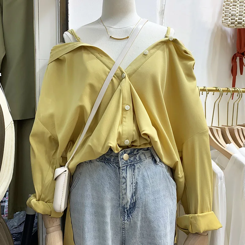 

COIGARSAM Korea Style Shirt Womens tops New Spring Office Lady Patchwork Chiffon Solid Loose Women shirts Yellow 3919