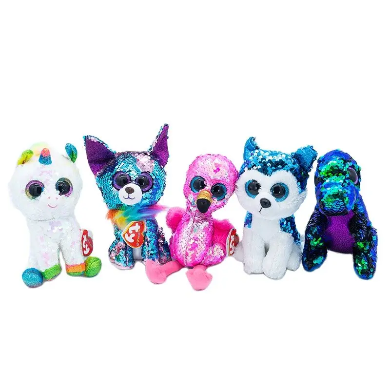 New 6''15cm Ty Big Eyes Plush Doll Glowing Sequins Dinosaur Unicorn Flamingo Puppy Collection Boys Girls Birthday Christmas Gift for hello carbot unicorn mirinae prime unity series transformation action figure robot kit toys vehicle car toy for boys gift