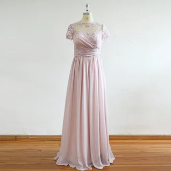 

Real Image Dusty Pink Bridesmaid Dresses Pleated Chiffon Long Bateau Sheer Neck Short Sleeves Boho Wedding Guest Gowns vesestido
