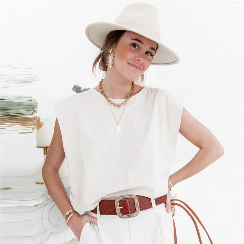 

Summer Tops Women Tshirts Clothes Sleeveless Solid Color Striped Shoulder Pads Womens Pure T Shirts For Fashion Woman's Clothing