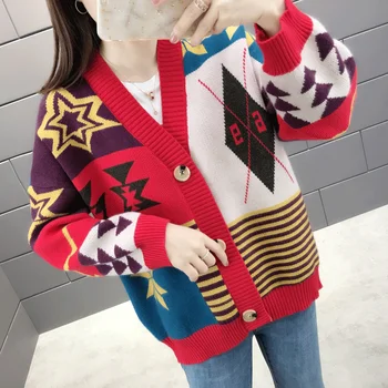 

Sweater Women Autumn Winter Outerwear Sweater Casual Knit Cardigans Geometric Pattern Jacquard Long Sleeve Korean Loose Cardigan