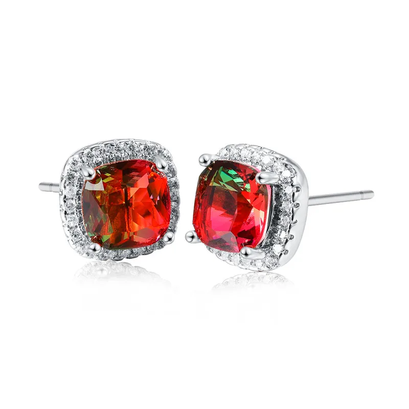 RongXing мистическое Радужное огненный камень красный циркон серьги гвоздики для женщин мужчин 925 серебро квадратная серьга женские роскошные ювелирные изделия