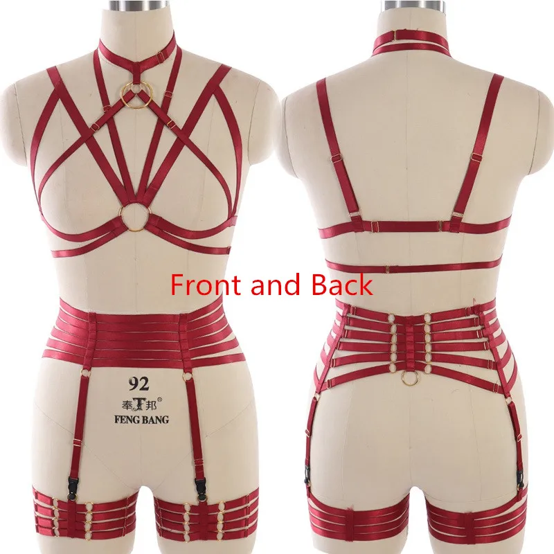 

Red Lingerie Harness Set Bondage body Harness bra Elastic Suspender garte belt strappy leg garter Goth underwear Halloween Rave