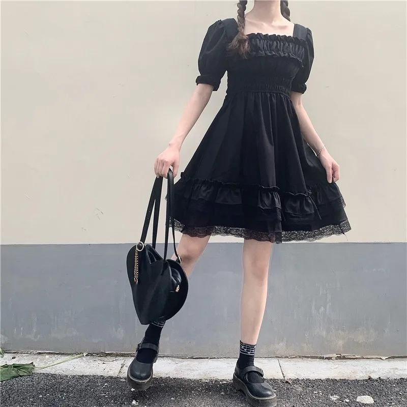 Japanese Lolita Style Women Princess Black Mini Dress Slash Neck High Waist Gothic Dress Puff Sleeve Lace Ruffles Party Dresses satin dress