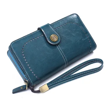 

Summer is simple in early autumn New oil wax leather retro long zipper wallet womens wallets
