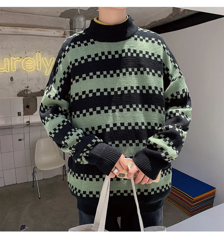 Winter New High Collar Sweater Men Warm Fashion Contrast Color Casual Knit Pullover Male Clothes Loose Long Sleeve Sweater Men