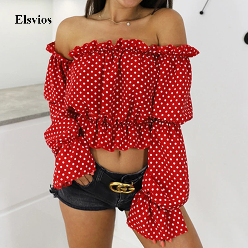 

Summer Women Polka Dot Blouse Shirts Sexy Off Shoulder Backless Crop Tops Blusa Lady Ruffle Lantern Sleeve Beach Short Blouse XL