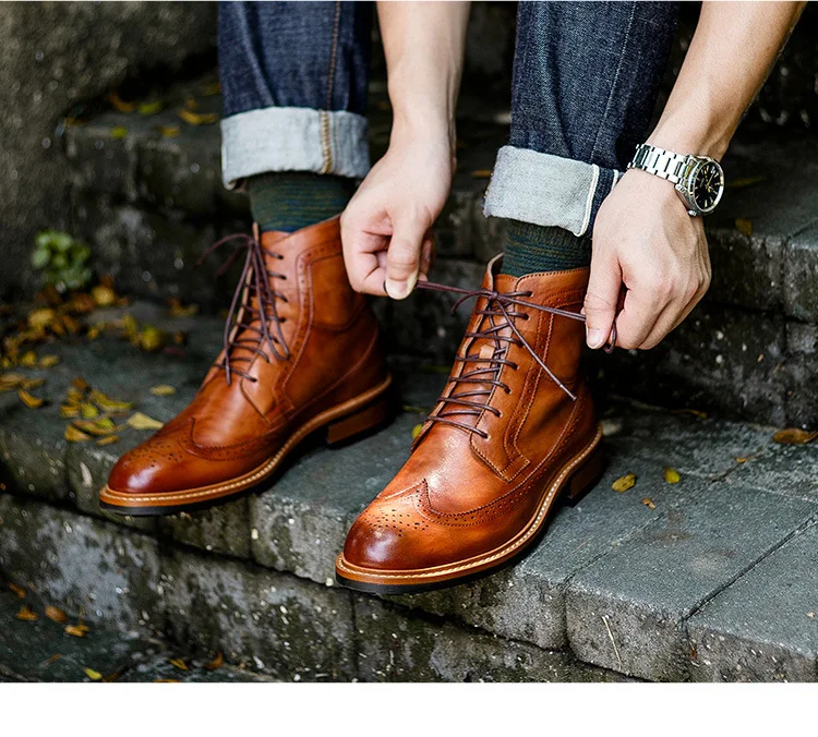 Handmade Men Chelsea Boots Winter Brogue Shoes Luxury Genuine Leather ...