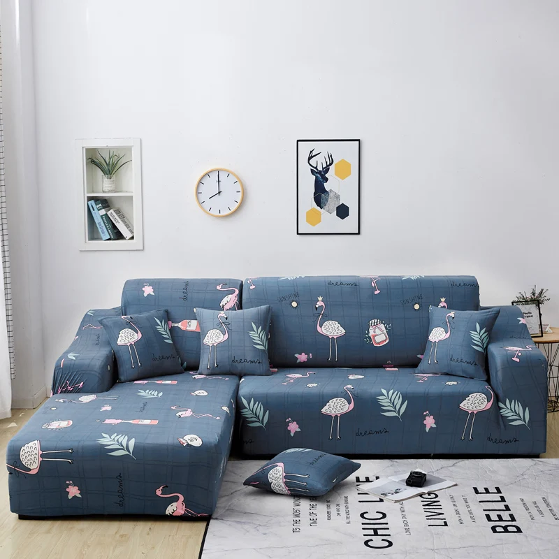 

2pcs Flamingo Printed Covers for Sofa L Shape Living Room L Shaped Couch Slipcover Case Chaise Longue Corner Sofa Cover Elastic