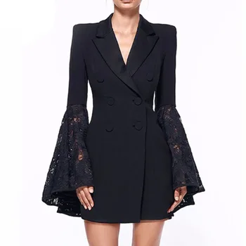 

2020 Fashion Women Coat Elegant Double Breasted Flare Lace Sleeve Long Women Coats Formal Office Ladies Jackets Slim Suit Coats